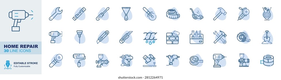 Home repair icon set. Editable line icons power drill, wrench, spirit level, screwdriver vector illustration