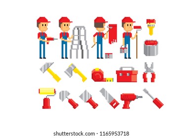 Home repair icon set. Old school computer graphic style. Decorative element design for logo, sticker, web, mobile app. Game assets 8-bit sprite. Flat illustration Old school computer graphic style. De