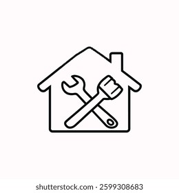 Home Repair Icon Vector: Black-and-White House Outline with Crossed Wrench and Paintbrush