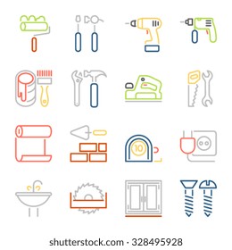 Home repair icons, colorful thin line style, flat design