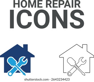 Home repair icons, Line art icnos Containing fix, home, and car repair, maintenance, toolbox, and repairman service icons. Solid icon collection. Vector illustration.