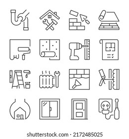 Home Repair Icons Set. Home Renovations. Household Chores, Home Repairs And Improvements, Work For The Repairman. Equipment And Tools, Linear Icon Collection. Line With Editable Stroke