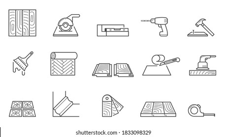 Home repair icons set. Wallpapering and installing laminate flooring polishing wooden floors laying tiles sawing tiles size and laying skirting boards nailing planks and false ceilings. Vector icon.