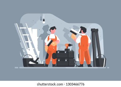 Home repair interior or remodeling vector illustration. Repairman doing renovation at home flat style concept. Work process at room. Special tools and equipment