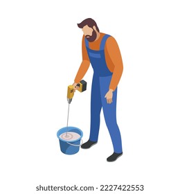Composición isométrica de reparación en el hogar con carácter humano del servicaturista con ilustraciones vectoriales de herramientas