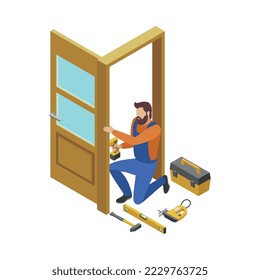 Home repair isometric composition with human character of working serviceman with tools vector illustration