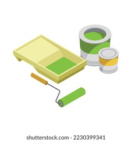 Composición isométrica de reparación del hogar con iconos aislados de materiales de renovación de la casa herramientas de ilustración vectorial