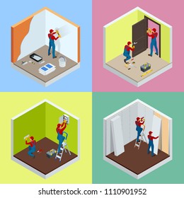 Home repair isometric concept set with workers, tools, equipment isolated on white. Building, construction and home repair tools. Vector flat isometric illustration.