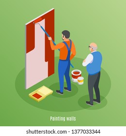 Home repair isometric design concept with craftsman painting wall and elderly customer supervising work vector illustration