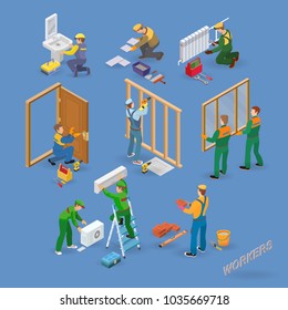 Home repair isometric icons set with workers, tools and equipment symbols isolated on blue. Building icons set isometric projection. Vector flat 3d illustration.