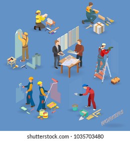 Home repair isometric icons set with workers, tools and equipment symbols isolated on blue. Building icons set isometric projection. Vector flat 3d illustration.