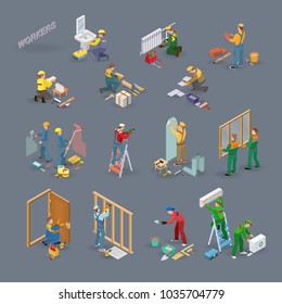 Home repair isometric icons set with workers, tools and equipment symbols isolated on grey. Building icons set isometric projection. Vector flat 3d illustration.