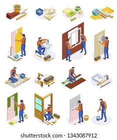 Home repair isometric icons set of tools and craftspeople performing  laying tiles pasting wallpapers doors and window installation isolated vector illustration