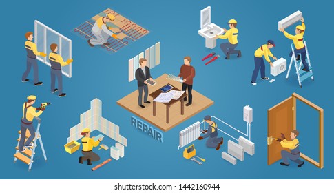 Home repair isometric icons set with workers, tools and equipment symbols isolated on blue. Building icons set isometric projection. Vector flat 3d illustration.