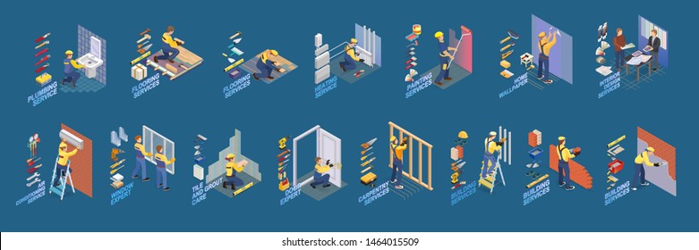 Home repair isometric icons set with workers, tools and equipment symbols isolated on blue. Building icons set isometric projection. Vector flat 3d illustration.