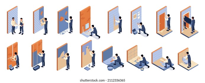 Home repair isometric icons set of installation of heating floor and plumbing dismantling of plaster pasting wallpapers vector illustration