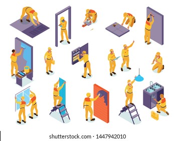 Home repair isometric set with craftspeople pasting wallpaper install doors laying tiles  painting walls isolated vector illustration   