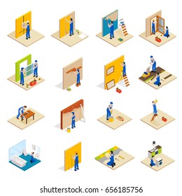 Home repair isometric set with workers doing maintenance isolated vector illustration