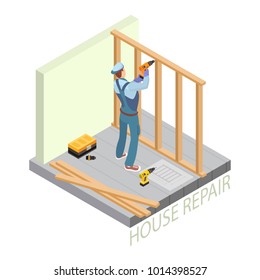 Home repair isometric template. Builder with tool near the wooden partition. Repairer in uniform holds a drill. Carpenter builds a wooden construction. There are tool-box, boards and drill . Vector.