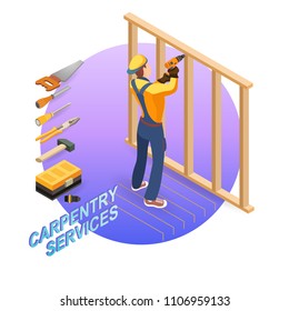 Home repair isometric template. Builder with tool near the wooden partition. Repairer in uniform holds a drill. Carpenter builds a wooden construction. There are tool-box, hammer, handsaw . Vector.
