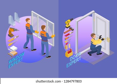 Home repair isometric template. Builders and tools. Repairers in uniform hold a window. Builder squats at the door leaf and fixes a door handle. Vector flat 3d illustration.