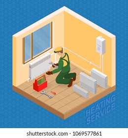 Home repair isometric template. Heating service. Installing thermal system. Repairer is fixing radiator. Builder in uniform holds a tool.  Heating worker and fragment of interior. Vector flat 3d 