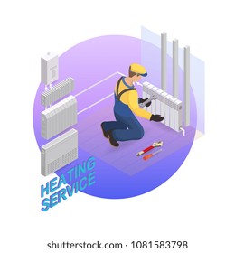 Home repair isometric template. Heating service. Installing thermal system. Repairer is fixing radiator. Builder in uniform holds a tool.  Heating worker and tools. Vector flat 3d illustration.
