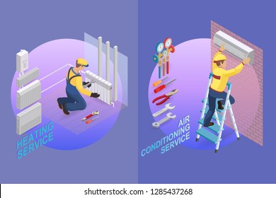 Home repair isometric template. Heating service. Installing thermal system. Repairer is fixing radiator. The worker is installing a system of air conditioning. Vector flat 3d illustration.