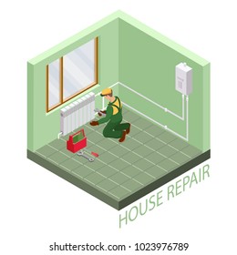 Home repair isometric template. Installing thermal system. Repairer is fixing radiator. Builder in uniform holds a tool.  Heating worker and fragment of interior. Vector flat 3d illustration.