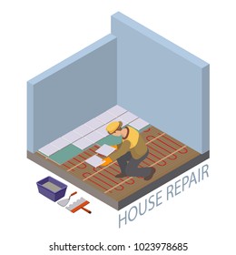 Home repair isometric template. Installing tiles on insulated floor. Repairer is laying tile. Builder in uniform holds a tile. Worker, tools and fragment of interior. Vector flat 3d illustration.