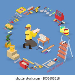 Home repair isometric template. Installing tiles. Repairer is laying tile. Builder in uniform holds a tile. Worker, equipment and items isometric icons. Vector flat 3d illustration.