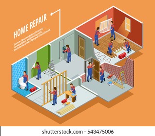 Home Repair Isometric Template With Painting Carpentry  Installation Of Toilet Door And Window  Isolated Vector Illustration