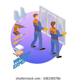 Home repair isometric template. Window expert. Builders and tools. The workers dressed in a blue overalls install window. Repairers in uniform hold a window. Vector flat 3d illustration. 