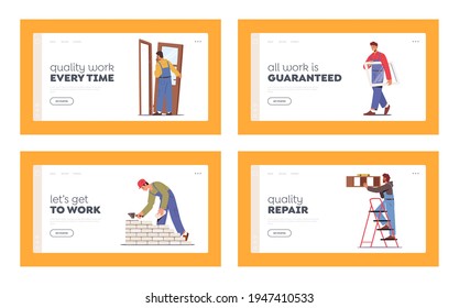 Home Repair Landing Page Template Set. People Install Door, Window, Tiling Wall, Hanging Shelf and Laying Brick. Male Female Workers Handymen Characters House Renovation. Cartoon Vector Illustration