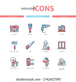 Home repair - line design style icons set. Images of different tools and domestic chores. House, brush, drill, paint roller, saw, ladder, window, electricity, door lock, plumbing, color matching