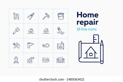Home repair line icon set. Saw, hammer, brickwork, blueprint. Construction concept. Can be used for topics like housing housekeeping, renovation