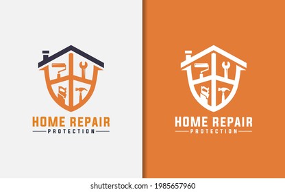 Home Repair Logo Design. Abstract House and Shield Combined With Constructions Repair Tool.