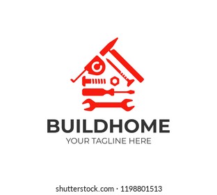 Home repair logo design. House building tools vector design. House construction logotype