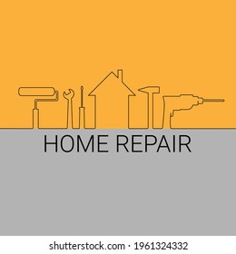 Home Repair Logo Design. Instruments And House On Yellow And Grey Background