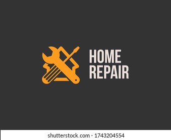 Home repair logo. House fixing tools emblem. Garage toolbox icon.  Wrench and screwdriver sign. Mending and renovation. Maintenance service symbol. Isolated labour force equipment vector illustration 