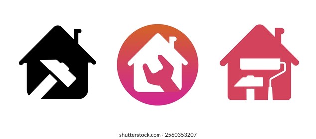 Home repair logo icon vector simple silhouette graphic illustration set, house property building maintenance service logotype sign symbol, real estate construction template image clip art