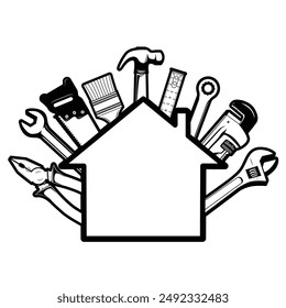  Home repair logo modern design, logo with repair tools and house icon.Vector illustration. Black and white house builder company