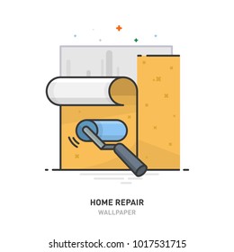 Home repair logo. The process of gluing the wallpaper. Linear design. Vector illustration