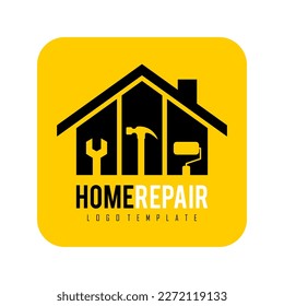 Home Repair Logo Template Design. Home, Brush, Hammer, Wrench. for Repairing, Renovation, Restoration, Maintenance, Construction, Building, Icon, Apps. Vector Illustration