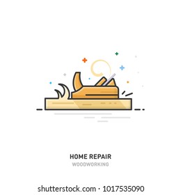 Home repair logo. Wood processing. Joinery. Plane. Line design Vector illustration