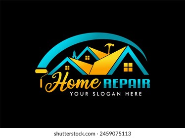 home repair, maintenance and building construction logo design template, illustration vector graphic home services renovation, contractor black background