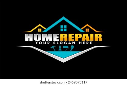 home repair, maintenance and building construction logo design template, illustration vector graphic home services renovation, contractor black background