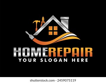 home repair, maintenance and building construction logo design template, illustration vector graphic home services renovation, contractor black background