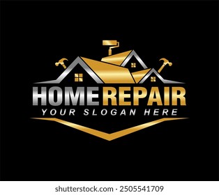 Home repair, maintenance and building construction logo design template, illustration vector home services renovation black background