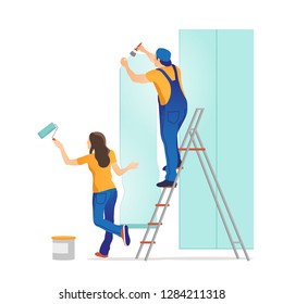 Home Repair. Man And Woman Glues Wallpaper At Home. Vector Illustration.